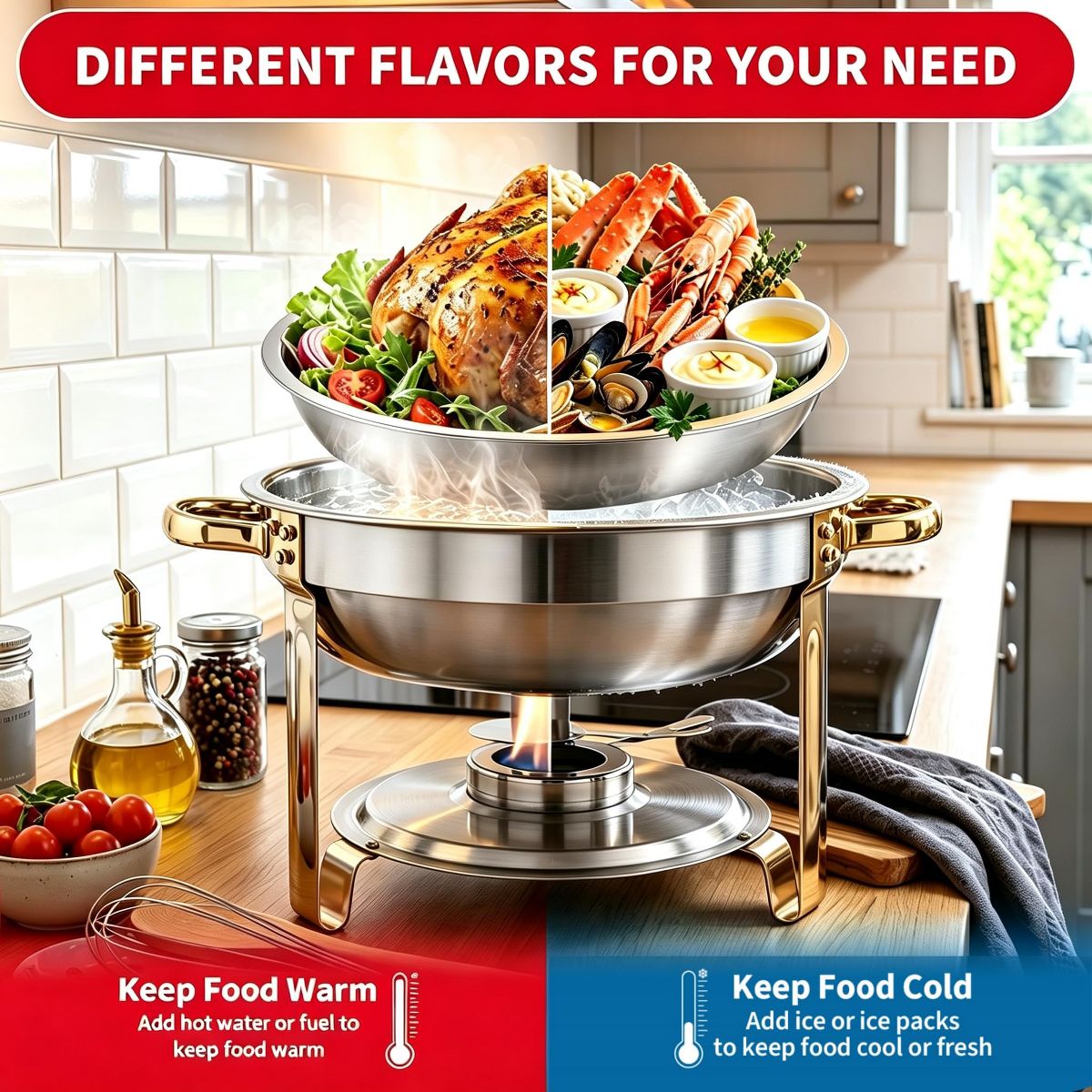 Round Gold Chafing Dish Buffet Set, 5QT Stainless Steel Food Warmer, Commercial Chafing Dish Buffet Warmer 5QT Round Stainless Steel Gold - thumbnail 4
