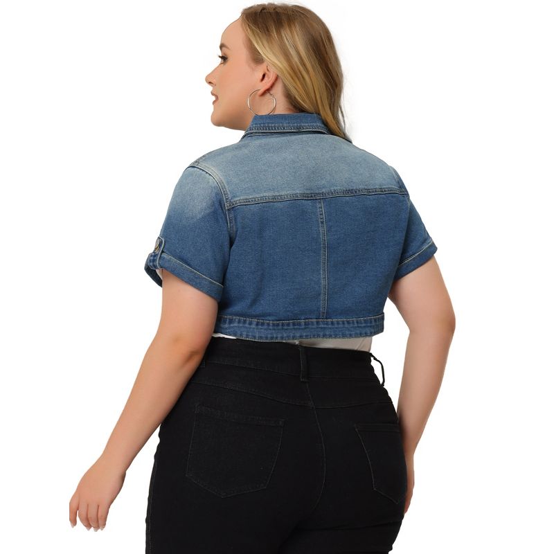 Agnes Orinda Women's Plus Size Button Front Trendy Washed Rolled Sleeves Cropped Jean Jackets, 4 of 7