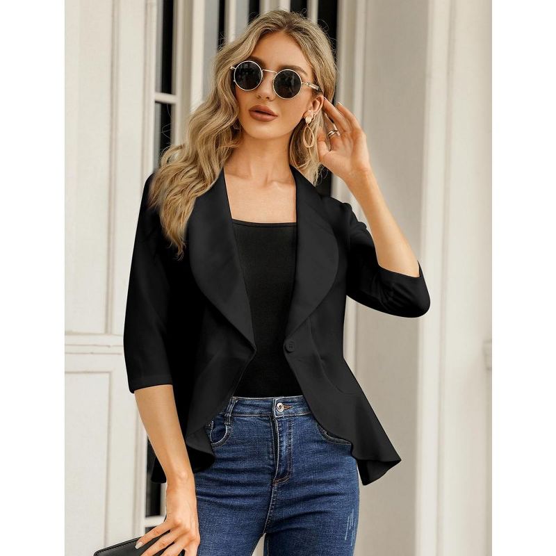 Womens Casual Blazer 3/4 Sleeve Open Front Ruffle Work Office Cardigan Suit Jacket, 4 of 7