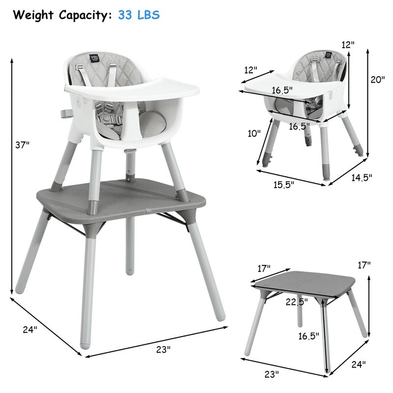 Babyjoy 4 in 1 Baby High Chair Convertible Toddler Table Chair Set with PU Cushion Beige/Gray, 4 of 11