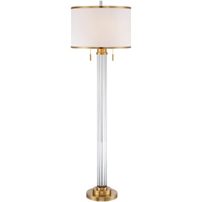 Possini Euro Design Modern Floor Lamp 62" Tall Satin Brass Crystal Glass Column Linen Drum Shade for Living Room Reading Bedroom Office