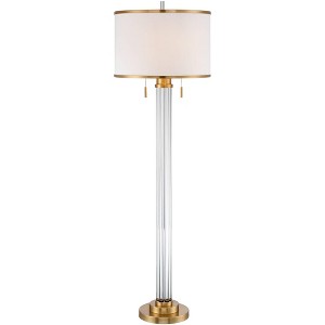 Possini Euro Design Cadence Modern Floor Lamp Standing 62" Tall Crystal Glass Column Satin Brass Linen Drum Shade for Living Room Bedroom Office House - 1 of 4