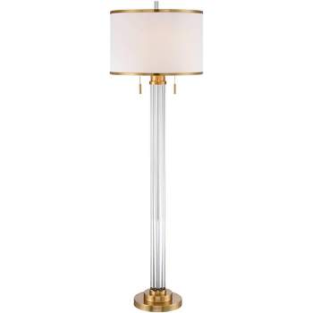 Possini Euro Design Modern Floor Lamp 62" Tall Satin Brass Crystal Glass Column Linen Drum Shade for Living Room Reading Bedroom Office