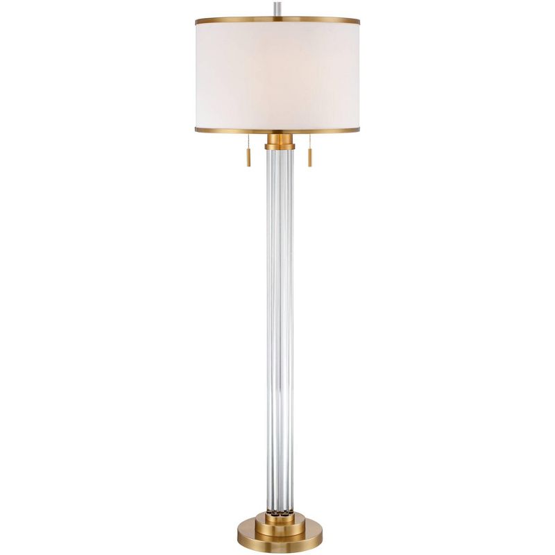 Possini Euro Design Cadence Modern Floor Lamp Standing 62" Tall Crystal Glass Column Satin Brass Linen Drum Shade for Living Room Bedroom Office House, 1 of 10