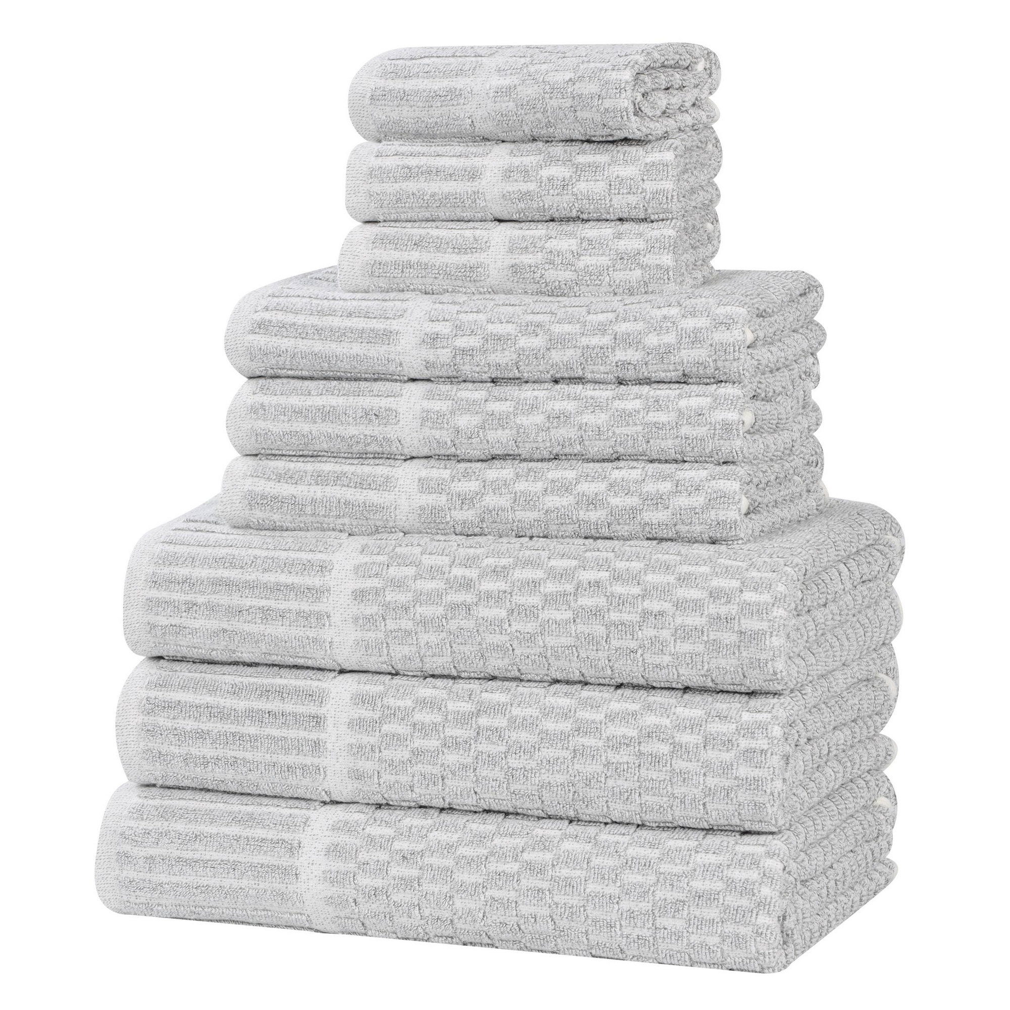 Viscose Cotton Blend Medium Weight Soft Textured Checkered Ribbed Border 9 Piece Towel Set, Platinum - Blue Nile Mills