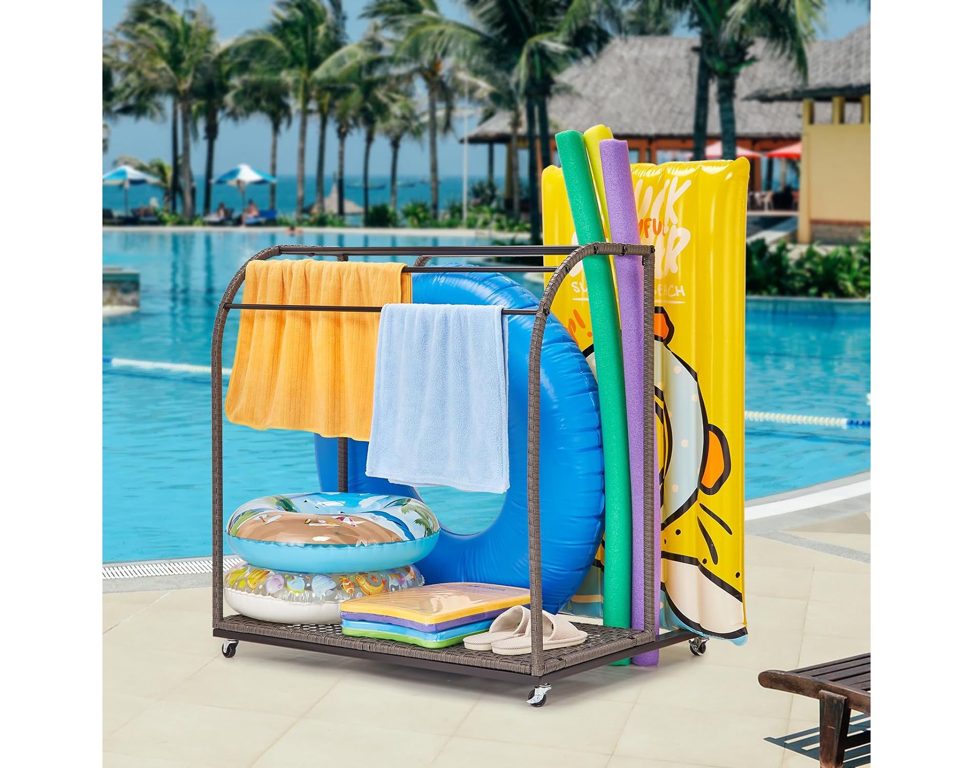 Garvee Towel Rack, 5 Bar Pool Towel Rack with Rattan Base, Outdoor Towel Rack, Storage Organizer with Compartment for Outdoor/Indoor