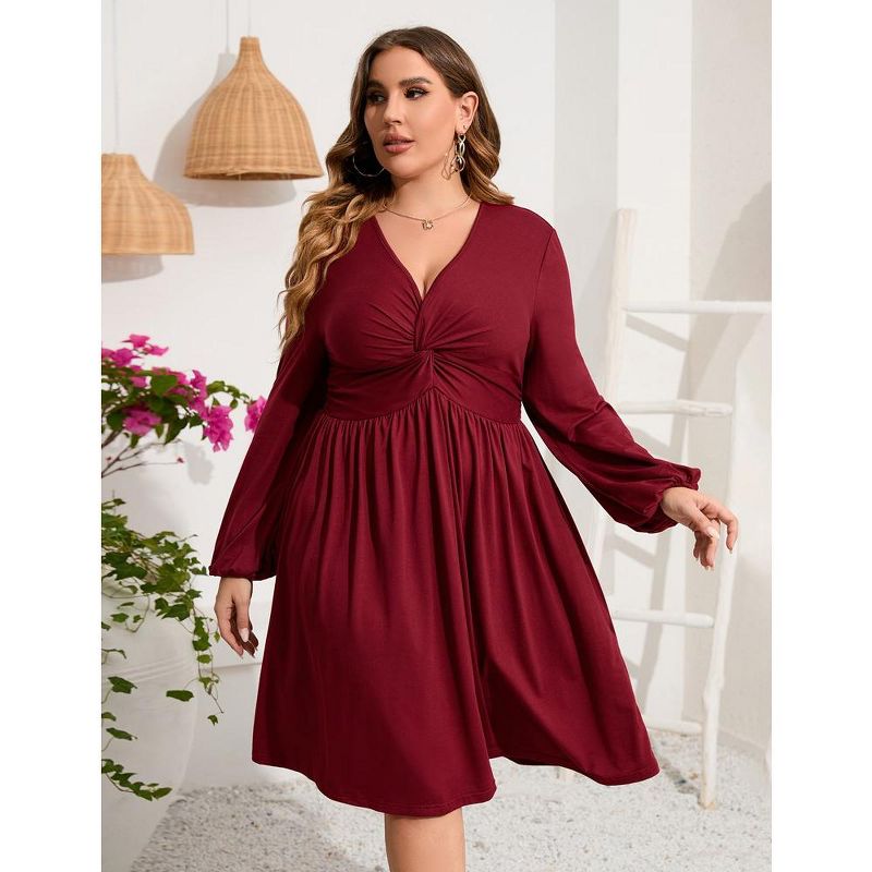 WhizMax Women's Plus Size Dress V Neck Long Sleeve Front Knotted Elastic Elegant Dress A Line Knee Length Midi Dress, 3 of 9