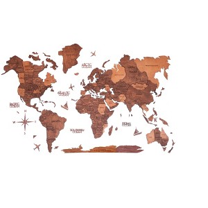 HomeRoots 47" X 79" Brown and Tan Wood World Map Hanging Dimensional Sculpture - 1 of 4