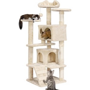 54in Christmas Cat Tree, Tower with Spacious Kitten-Ear Perch, 2 Cozy Caves, Scratching Posts, Climbing Ladde - 1 of 4