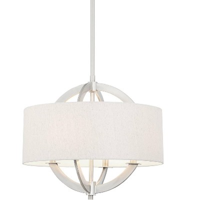 Possini Euro Design Brushed Nickel Drum Pendant Chandelier 21" Wide Modern Oatmeal Linen Shade 4-Light Fixture for Dining Room