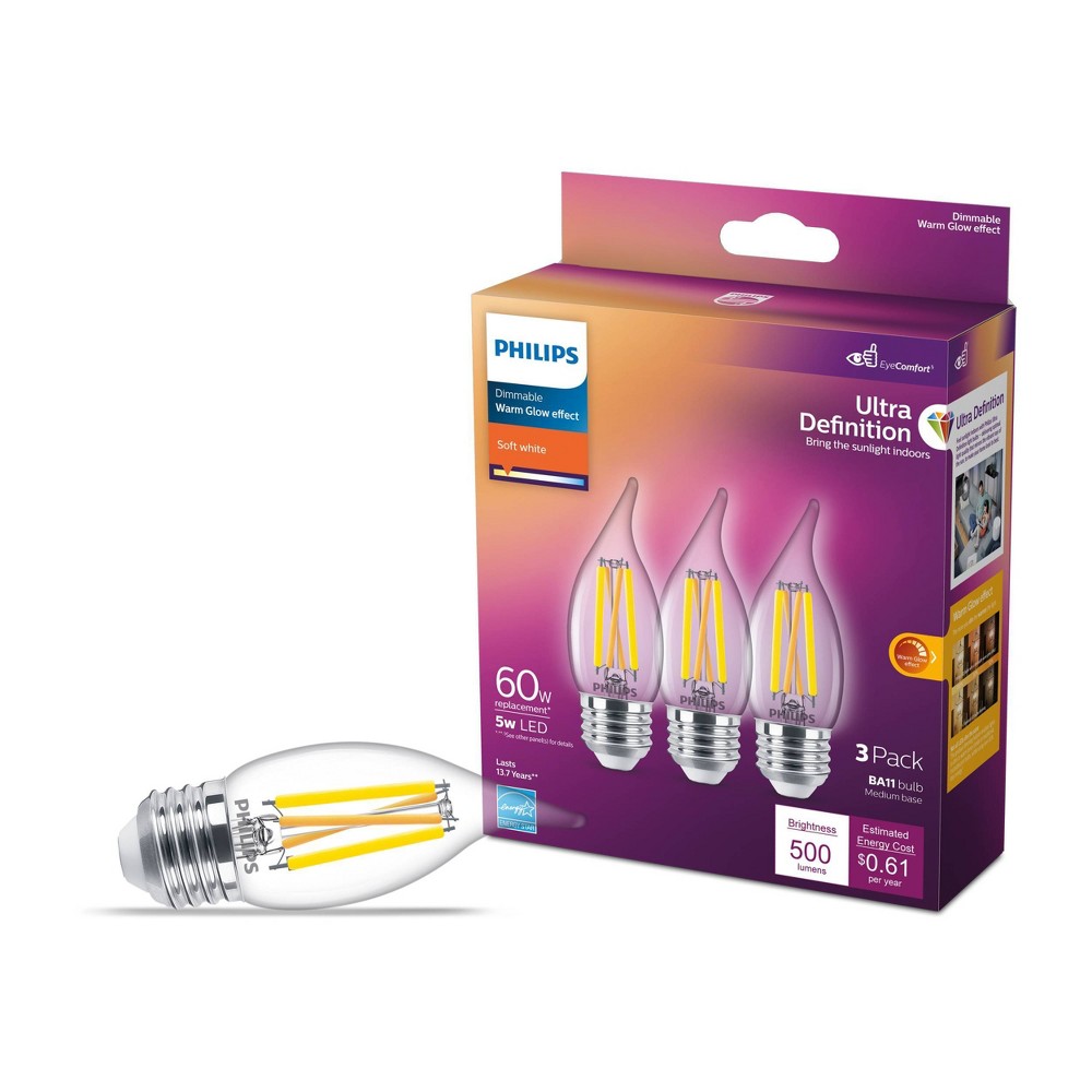 Photos - Light Bulb Philips UltraDef LED 60W Clear Soft White BA11 3P Medium Base: Dimmable, Energy Star Certified, 2700K, 500 Lumens, 3-Pack 