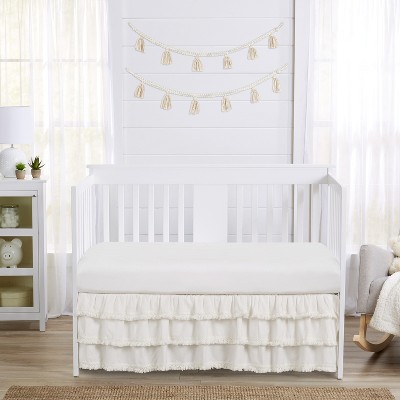 Ivory Cotton 3-Tiered Ruffle Crib Bed Skirt with Macrame Fringe