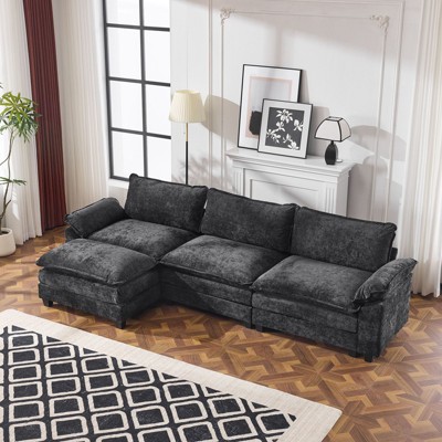 Karl Home |85.4 in. W Pillow Top Arm Double-layer Cushion Chenille Sofa in Black With Ottoman