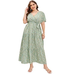 Garvee Women Plus Size V Neck Wrap Maxi Dress High Waist Ruffle Summer Casual Dress with Belt Short Sleeve - 1 of 4