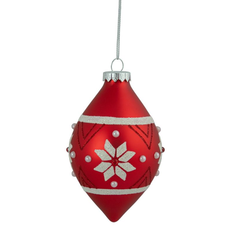 Northlight 5.25" Glittered Red and White Snowflake Glass Finial Christmas Ornament, 1 of 7