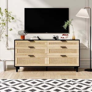 VYNXARIA 59" Black Rattan Dresser with 6 Drawers for Stylish Storage in Bedroom & Living Room - 1 of 4