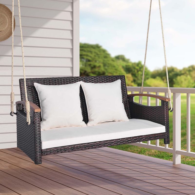 Costway Patio Rattan Porch Swing 2-Person Hanging Chair Cushioned Loveseat for Backyard, 2 of 11