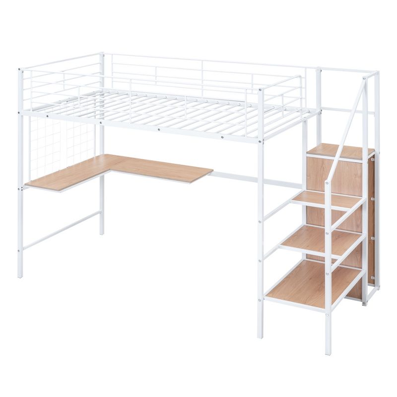 Twin Size Metal Loft Bed with Desk and Metal Grid, Stylish Metal Frame Bed with Storage Ladder and Wardrobe - ModernLuxe, 4 of 13