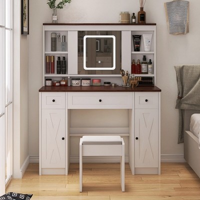 Vanity Desk With Mirror And Lights, Adjustable Lighting 3 Modes Makeup Mirror, Makeup Table With Power Strip, Cushioned Stool For Bedroom