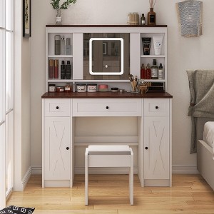 Vanity Desk With Mirror And Lights, Adjustable Lighting 3 Modes Makeup Mirror, Makeup Table With Power Strip, Cushioned Stool For Bedroom - 1 of 4