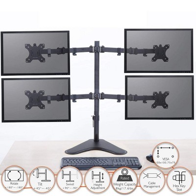 Black Adjustable Quadruple Monitor Mount with Freestanding Base