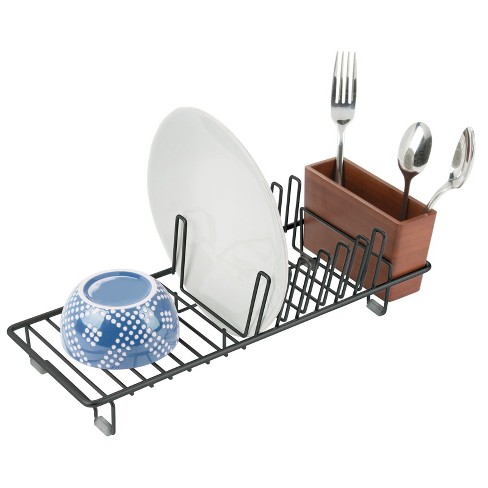 Mdesign Steel Compact Dish Drainer Rack With Bamboo Cutlery Caddy,  Black/cherry : Target