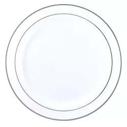 Smarty Had A Party 10.25" White with Silver Edge Rim Plastic Dinner Plates (120 Plates)