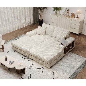 TIRAMISUBEST 110in Sofas Convertible Corduroy Sectional Extra Wide Chaise Double Lounge Built In Storage Armrests Living Room Home Gym, Beige - 1 of 4