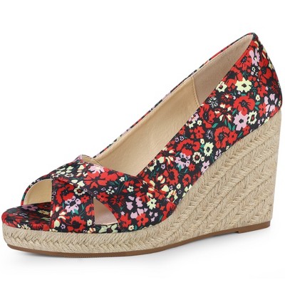 Allegra K Women's Peep Toe Platform Pumps Floral Espadrille Wedge Sandals  Red 8.5 : Target