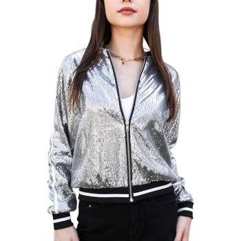 Anna-Kaci Women's Striped Long Sleeve Stripe Down Metallic Sequin Varsity Jacket