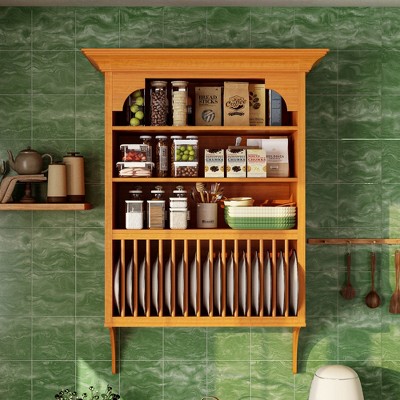 FUFU&GAGA Rustic - Style Wall - Mounted Wood Kitchen Cabinet with Plate Rack and Adjustable Shelves