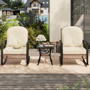 TROPOW 3 PCS Patio Rocking Chairs Outdoor Rattan Bistro Set, Patio Sets , Outdoor Furniture Set Wicker 2Rocking Chairs & 1Table ,Beige & Black - 1 of 4