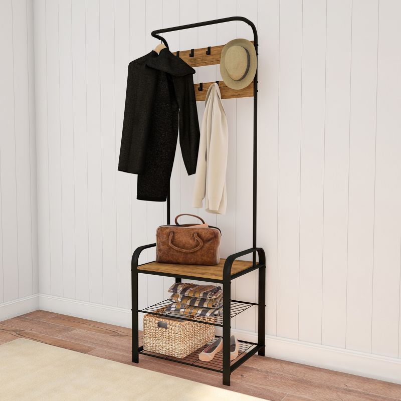 Hasting Home Entryway Bench with Coat Rack – Metal Hall Tree with Seat, Hooks, and Shoe Storage, 2 of 8
