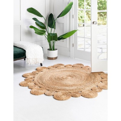 Hand-Braided Natural Jute Round Floral Area Rug, 5 ft