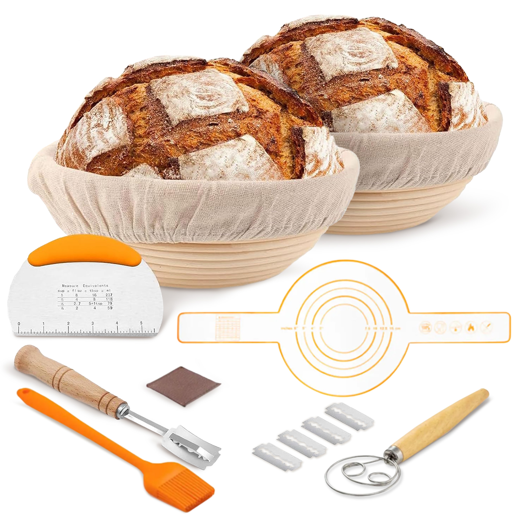 Cheer Collection 2-Piece Bread Proofing Basket Set – Round Sourdough Banneton Baskets with Essential Baking Tools