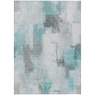 Teal Blue And Ivory Abstract Washable Indoor Outdoor Area Rug