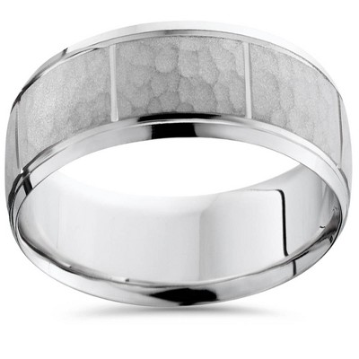 Pompeii3 Mens Satin White Gold Wedding Band Milgrain Ring 8mm Flat Brushed Free Sizing