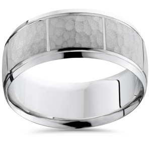 Pompeii3 Mens Satin White Gold Wedding Band Milgrain Ring 8mm Flat Brushed Free Sizing - 1 of 2