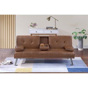 RISOKEYS Faux Leather Convertible Sofa - Tufted Upholstered Plush Cushion Couch Sofa W/Adjustable Backrest, Folding Cup Holder for Livingroom - 1 of 4