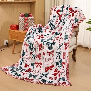 Lomsoe Christmas Bow Flannel Blanket Cozy Warm Candy Cane Throw Blanket with Holiday Themed Print Christmas Gift for Winter Couch Sofa Bed Home Decor - 1 of 3