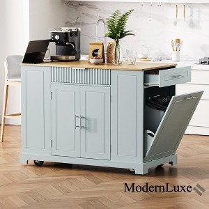 Fluted Kitchen Island with Trash Can Storage Cabinet, Farmhouse Rolling Kitchen Cart with Power Outlet, Drawer & Storage Racks - ModernLuxe - 1 of 4