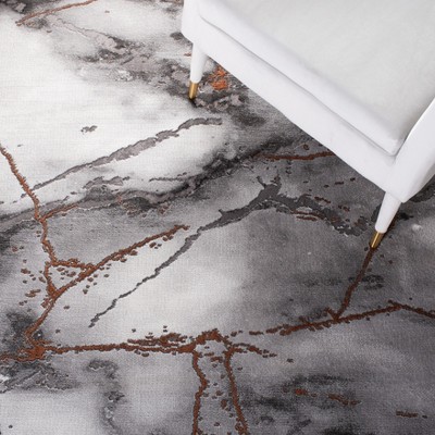 Gray and Orange Abstract Synthetic Rectangular Area Rug