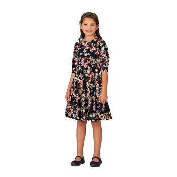 Girls Knee Length Floral Print Fit and Flare Dress