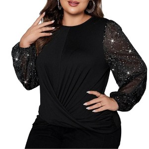 Coolmee Women's Plus Size Mesh Long Sleeve Tops Fall Winter Fashion Tunics Casual Front Twist Crew Neck T-Shirt - 1 of 4