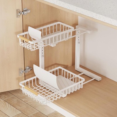 Boersma Adjustable Height 2-Tier Metal Drawer Organizer – Under Sink Storage Rack with Sliding Baskets for Kitchen, Bathroom, Pantry，White