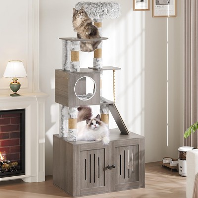 Cat Tree with Litter Box Enclosure, Hidden Washroom Litter Box Tree with Sisal Scratching Post and Soft Plush Perch