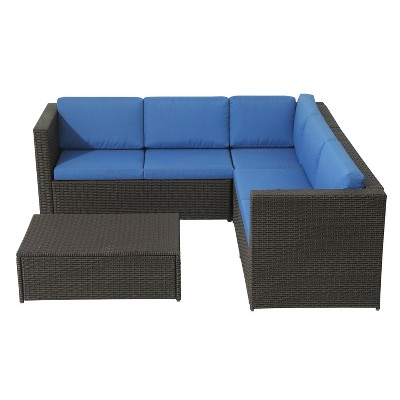 4pc Wicker Rattan Patio Sofa Set with Blue Cushions - Accent Furniture