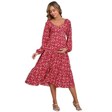 Coolmee Women's Casual Maternity Dress Boho Floral V Neck Long Sleeve A Line Ruffle Hem Midi Dresses Pregnancy Outfit Dark Gray M