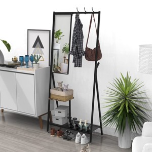 TROPOW Coat Rack With Mirror Bench Shoe Storage Shelves For Primary Living Space 73 x 32 x 15 Inches Black+Brown One size - 1 of 4