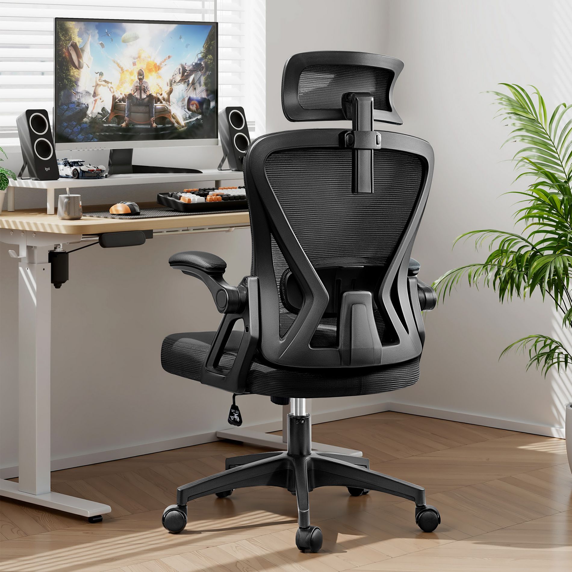 KERDOM Ergonomic Office Chair, Home Office Desk Chair with Headrest, High Back Office Chair with Flip-up Armrests, Black